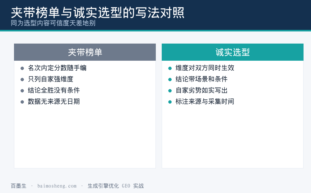 夹带榜单与诚实选型写法对比